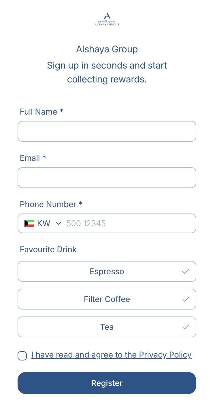 Registration page of the demo brand: mandatory field markers and the privacy consent checkbox.