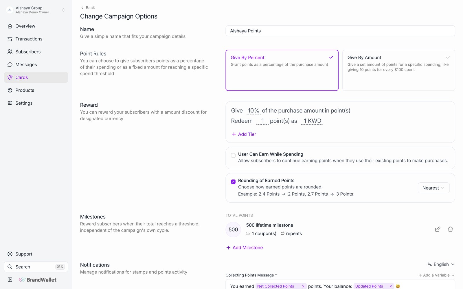 Dashboard, Point Card settings: earn rate, redemption value and rounding.