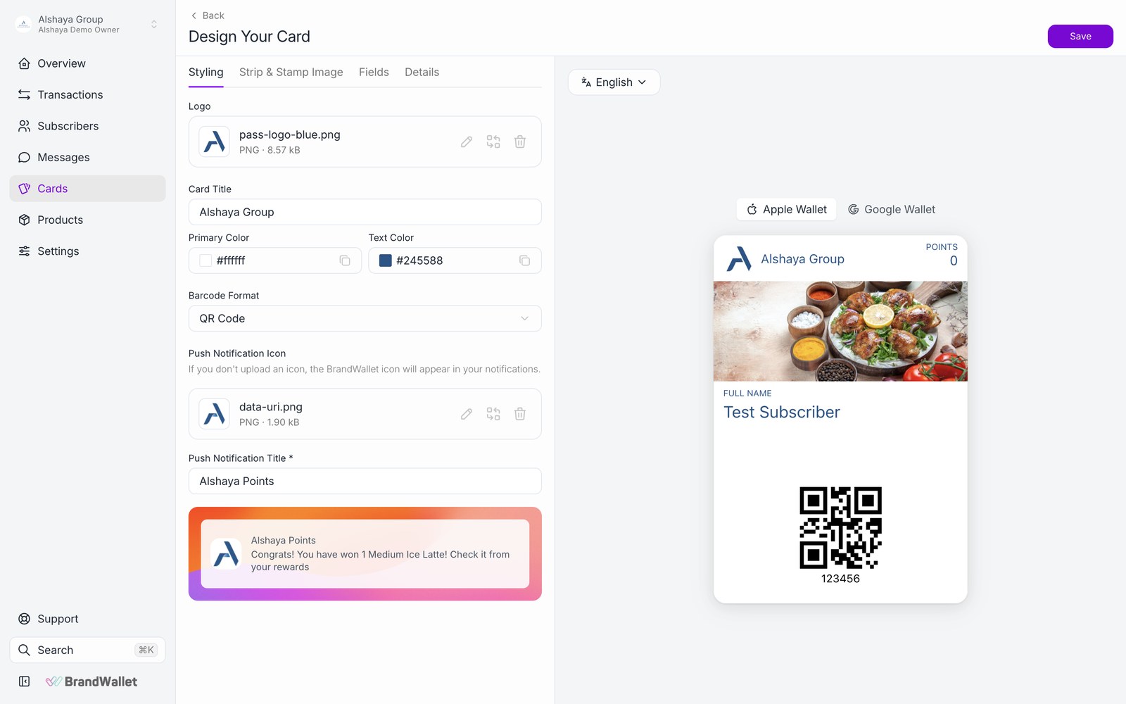 Dashboard, card designer with the live preview.