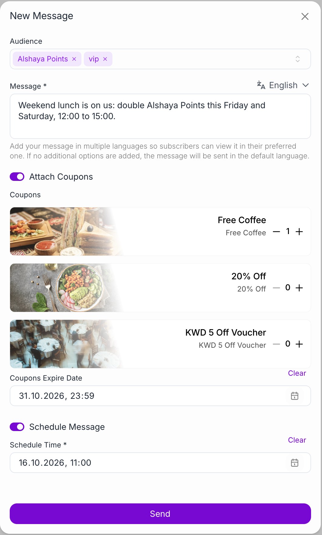 Dashboard, message composer: audience by card and tag, an attached coupon with its expiry date and a scheduled send time.