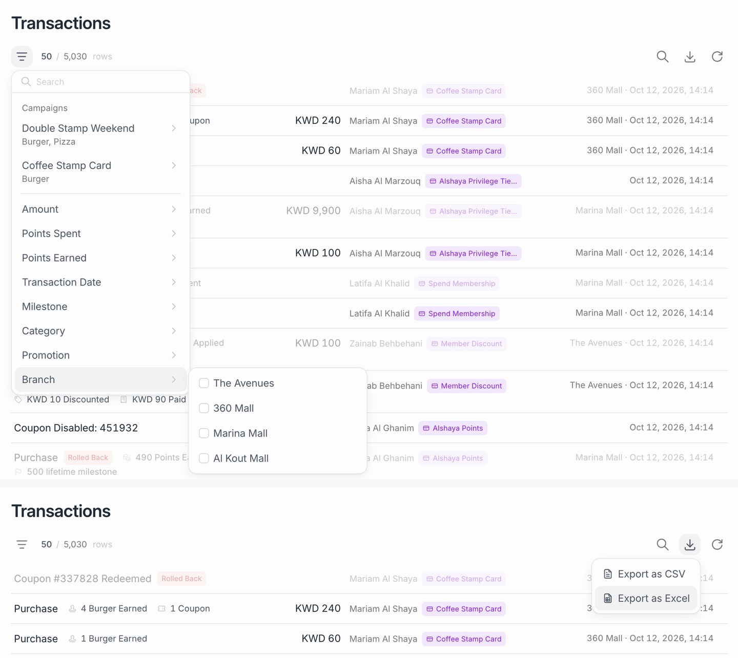 Transactions list with filters (branch shown) and the CSV / Excel export menu.
