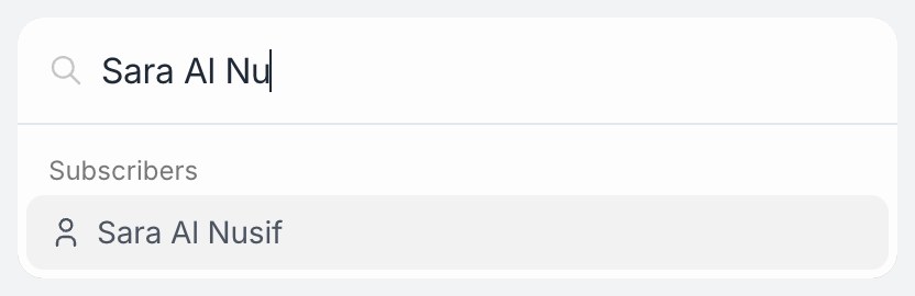 Dashboard search finds a subscriber by name.