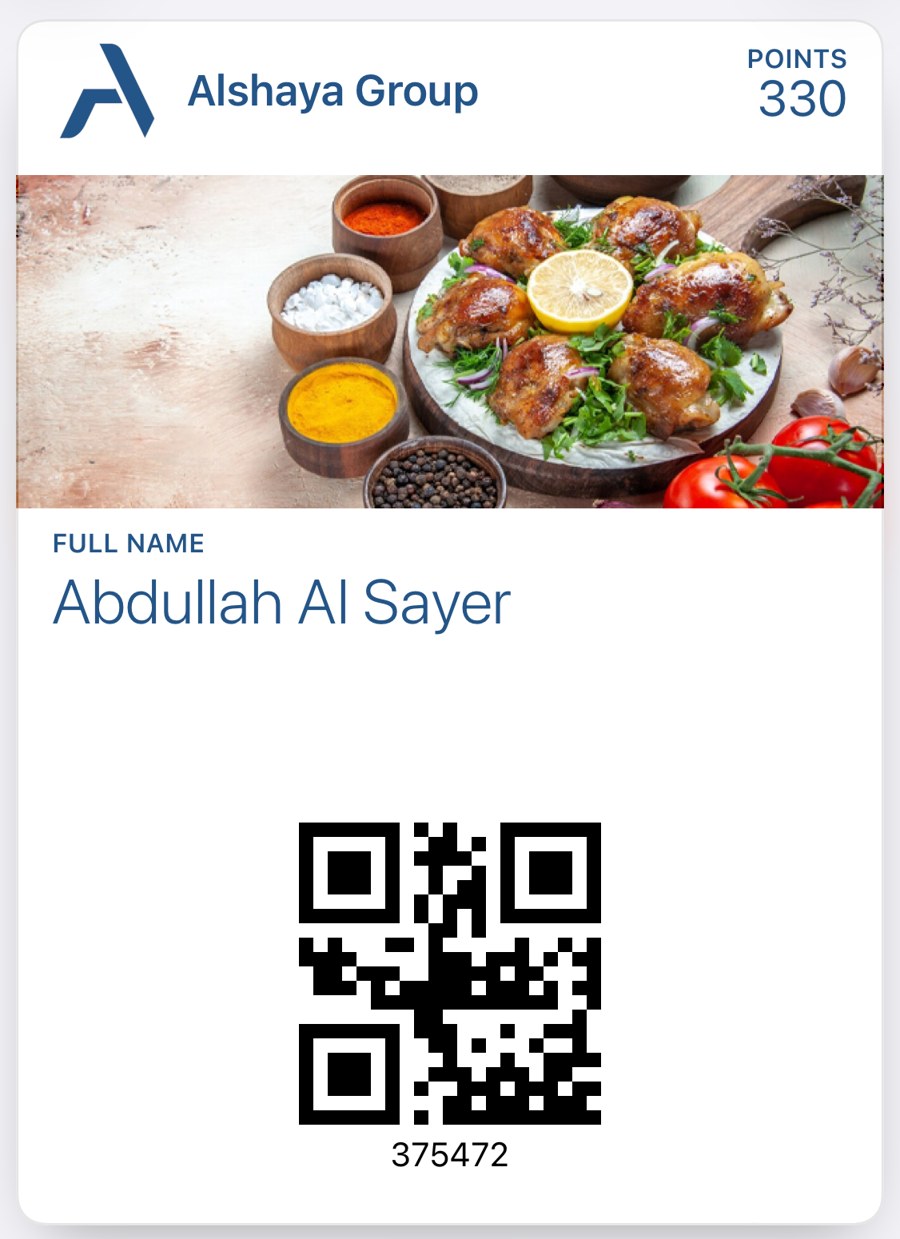 Alshaya Group Point Card in Apple Wallet with the live points balance.