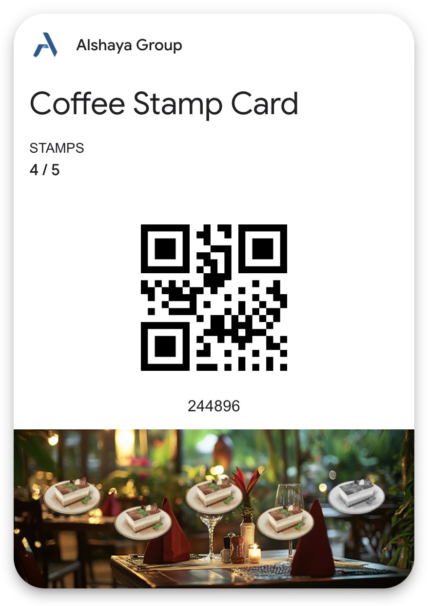 The Stamp Card in Google Wallet: 4 of 5 stamps.