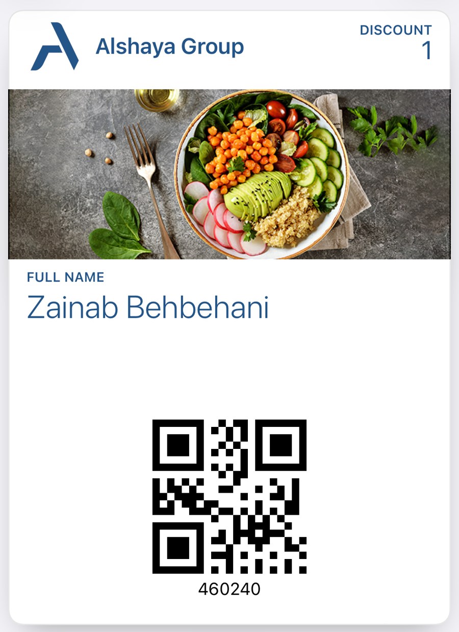 Alshaya Group discount card in Apple Wallet, designed in the dashboard with its own strip image.